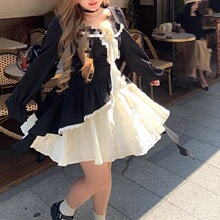 安妮不火赫本风拼接连衣裙女2025春秋新款微胖大码小众假两件裙子