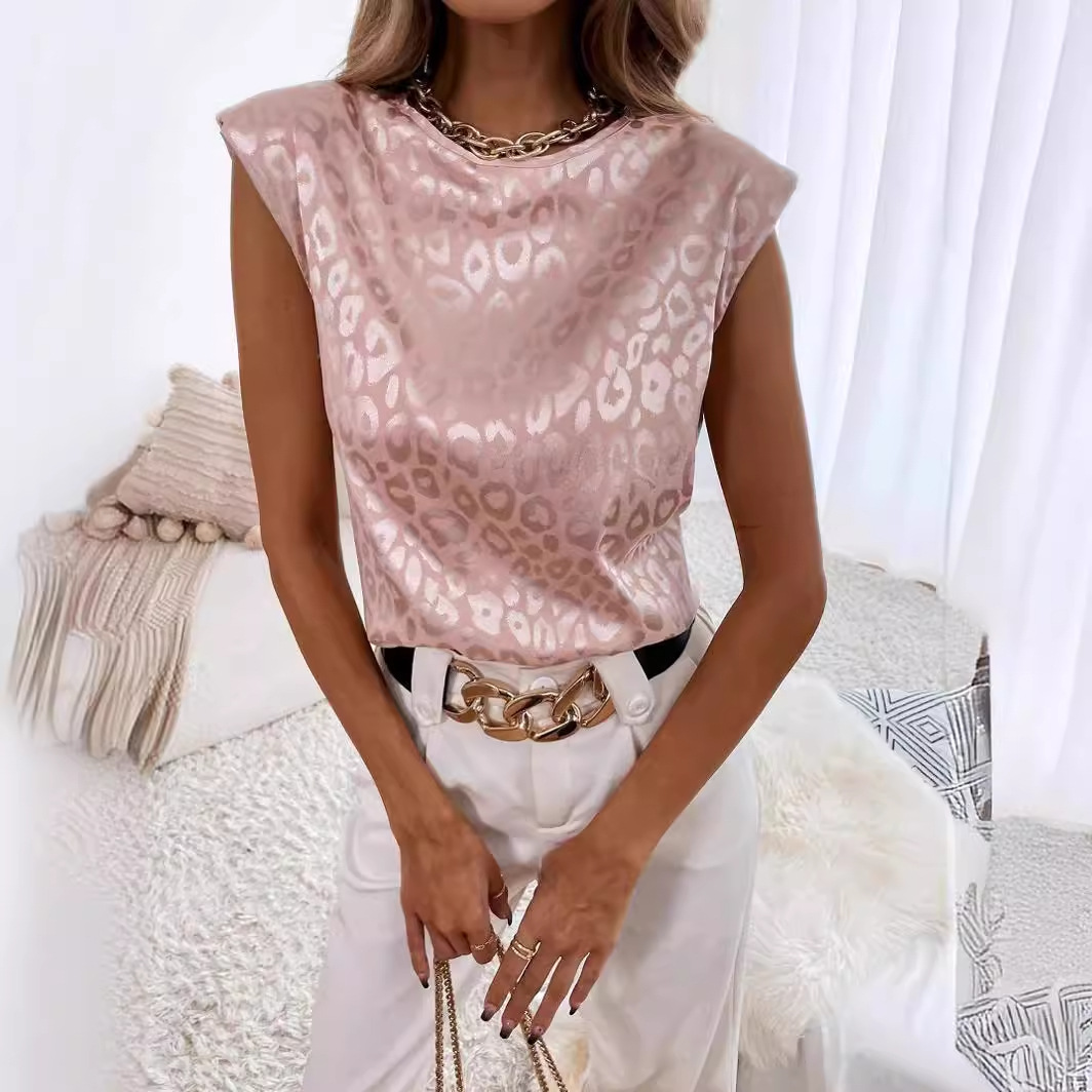 Camiseta de mujer jacquard con estampado de leopardo de cuello redondo, color casual suelto, manga corta, ropa de mujer transfronteriza europea y americana, estilo caliente de Amazon