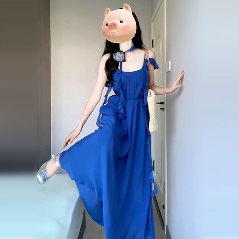 2025 New Seaside Vacation Wear Klein Blue Suspender Dress Women's Summer French Waist Long Skirt