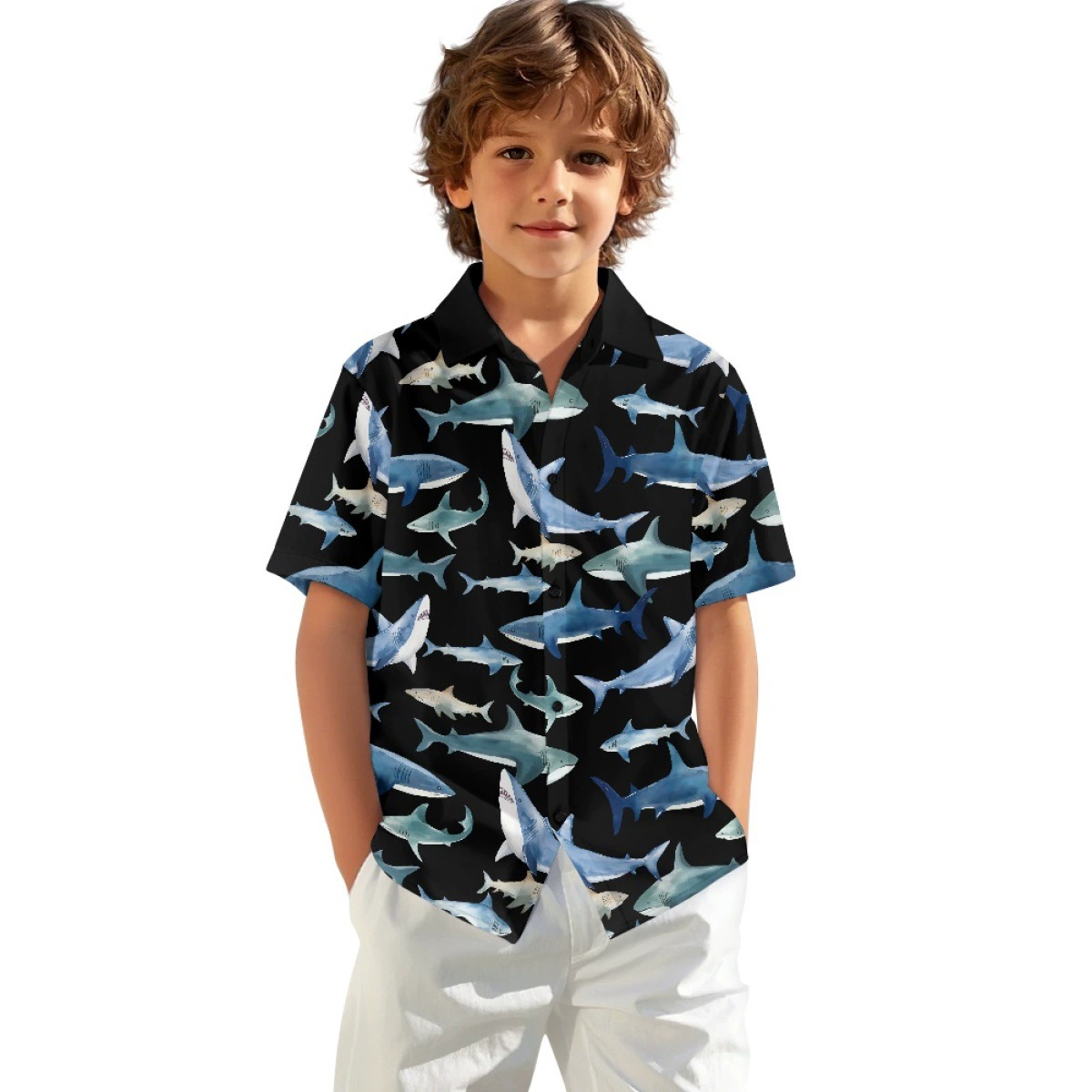 Рубашка с короткими рукавами Amazon, летняя повседневная спортивная детская рубашка на пуговицах с мультяшным принтом акулы по индивидуальному заказу