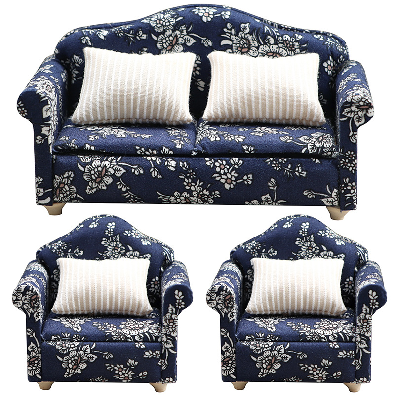 [Factory Direct Sale] 1:12 Dollhouse Miniature Furniture Blue Fabric Sofa 3-Piece Set with 4 Throw Pillows