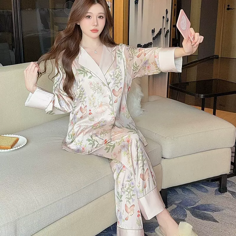 童话甜美可爱青果领睡衣女士早春秋季冰丝丝绸长袖舒适家居服套装