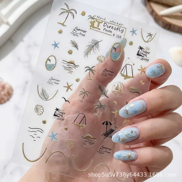 Ocean-Themed Gold Foil Nail Stickers with Coconut Trees, Sailboats, and Shell Elements, Translucent Nail Pieces, Versatile Accessories # 268