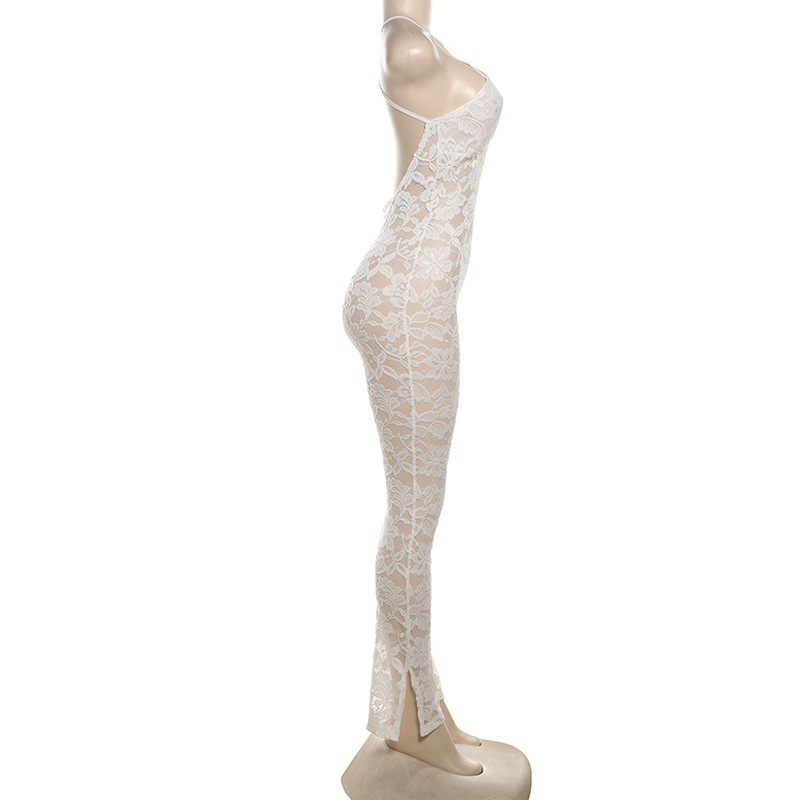 Summer Women Collection Sexy Deep V Plunge Sling Backless Lace See through Tight Jumpsuit