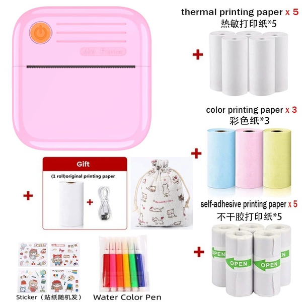 A35 pink-cross-border version [bring your own roll of paper + 5 rolls of plain paper + 5 rolls of stickers + 3 rolls of colored paper + 6 colored pens + stickers + cloth bag]