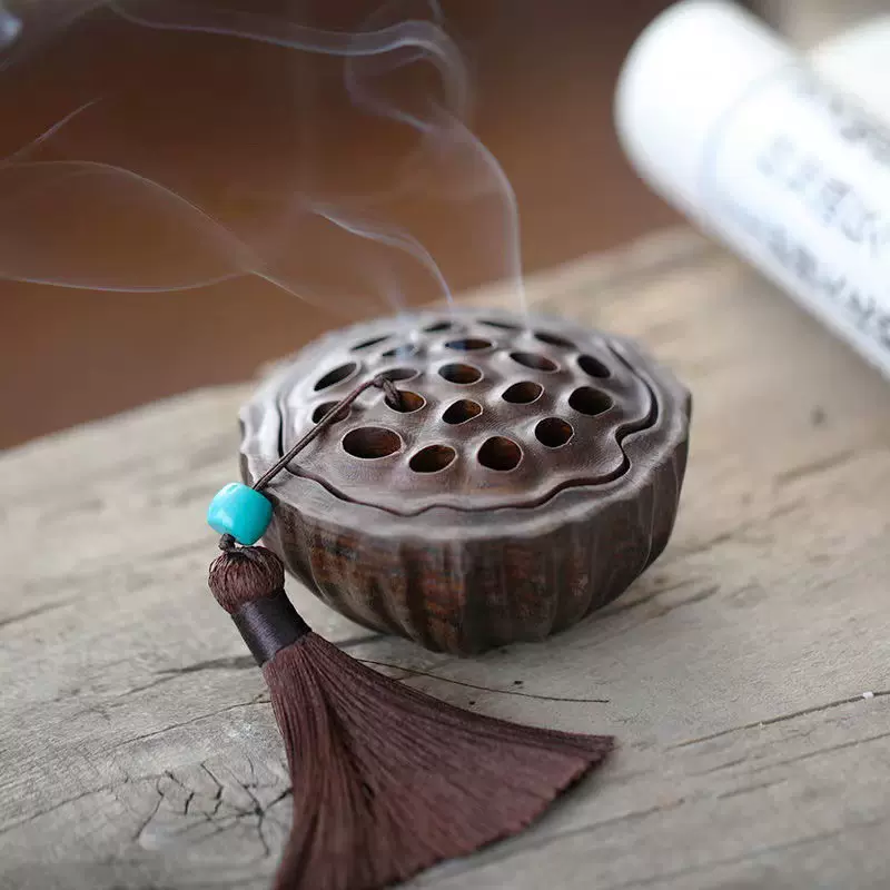 黑檀木莲蓬香炉木质室内小盘香熏线香具木雕摆件批发66手工雕刻