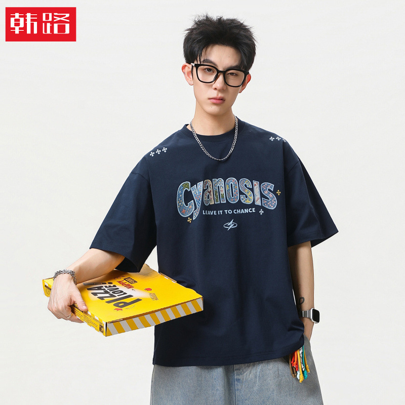 High Street American-Style Embroidered Patchwork Pure Cotton Short-Sleeve T-Shirt for Men, Summer Style, Couple's Loose Casual Versatile Half-Sleeve Tee