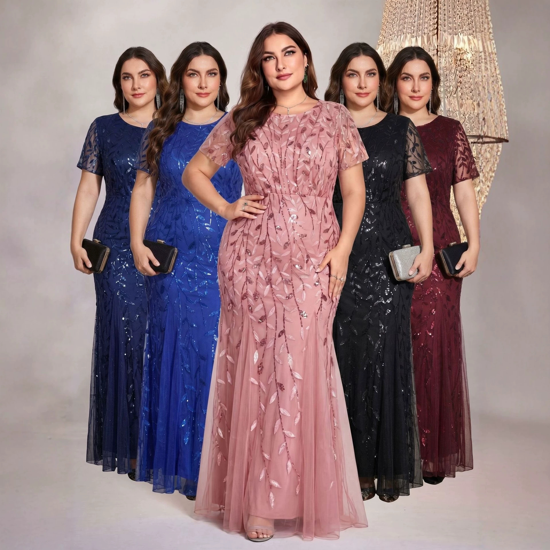 Real Shot of Cross-Border Plus-Size Women's Clothing: European and American Style V-Neck Long-Sleeve Slit Sequin Elegant Bridesmaid Dress for Curvy Women
