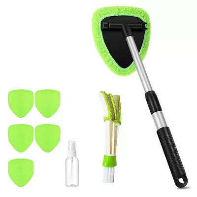Car cleaning tools — Telescopic Pole Car Window Brush - 1-set-pentagonal-plate-6-green-cloth-covers-detail-brush-spray-bottle