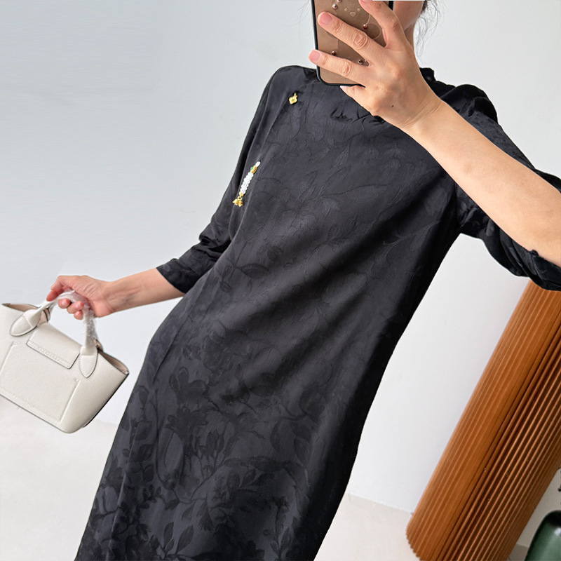 Italian HM New Chinese Style Stand Collar Jacquard Dress, Summer Diagonal Collar Buttoned Mid-Sleeve Modified Cheongsam Dress with Minor Defects Italian HM New Chinese Style Stand Collar Jacquard Dress, Summer Diagonal Collar Buttoned Mid-Sleeve Modified Cheongsam Dress with Minor Defects