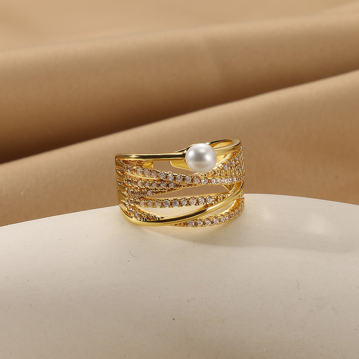French Style Zircon Pearl Multi-layer Stacking Ring For Women_voghion.com