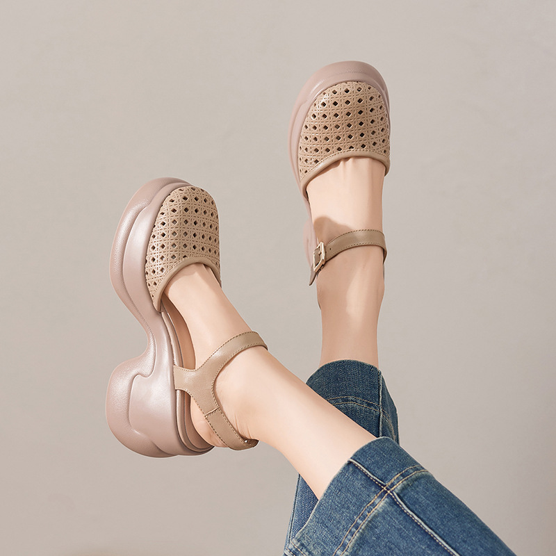 Sandal cao gót nữ mũi kín quai ngang gót 9 cm phong cách La Mã — màu trắng ngà, màu mơ