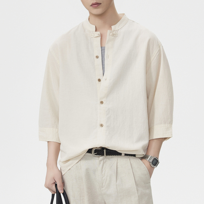 T239 Summer Old Money Style Linen Short Sleeve Shirt for Men, American Retro Three-Quarter Sleeve Casual Shirt for Men