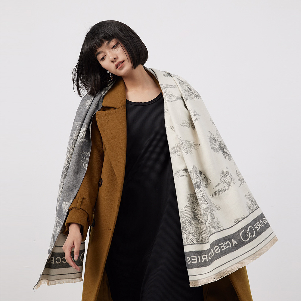 Jacquard Landscape Painting Cashmere Scarf For Women's Office Air-conditioned Room Thick And Warm Long Trendy Scarf_voghion.com