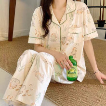 新款日系ins简约睡衣女夏季韩版网红短袖长裤开衫薄款家居服套装