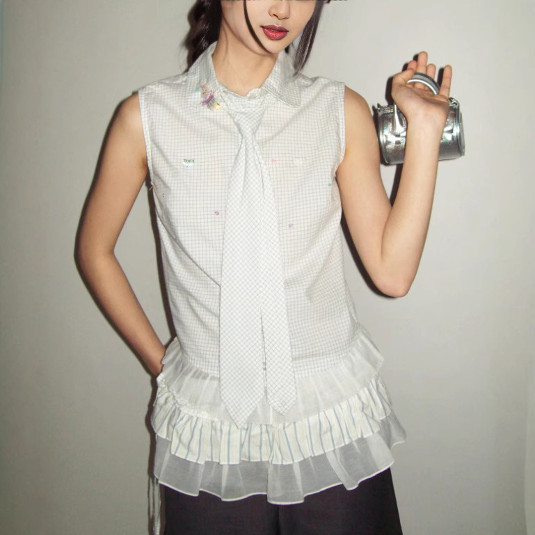 Moromoro Retro Plaid Mesh Stitching Asymmetrical Rhinestone Stand Collar Detachable Tie Sleeveless Shirt Vest Moromoro Retro Plaid Mesh Stitching Asymmetrical Rhinestone Stand Collar Detachable Tie Sleeveless Shirt Vest