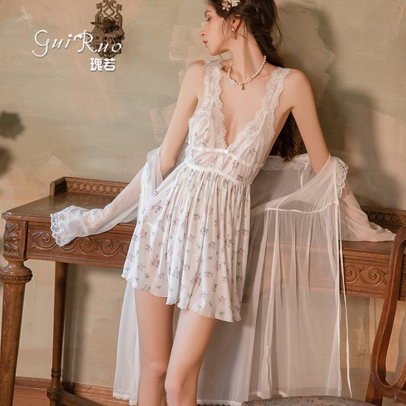 Guiruo Sexy Lingerie Deep V Mesh Printed Lace Splicing Pure Desire Slit Nightgown Robe Set 6660