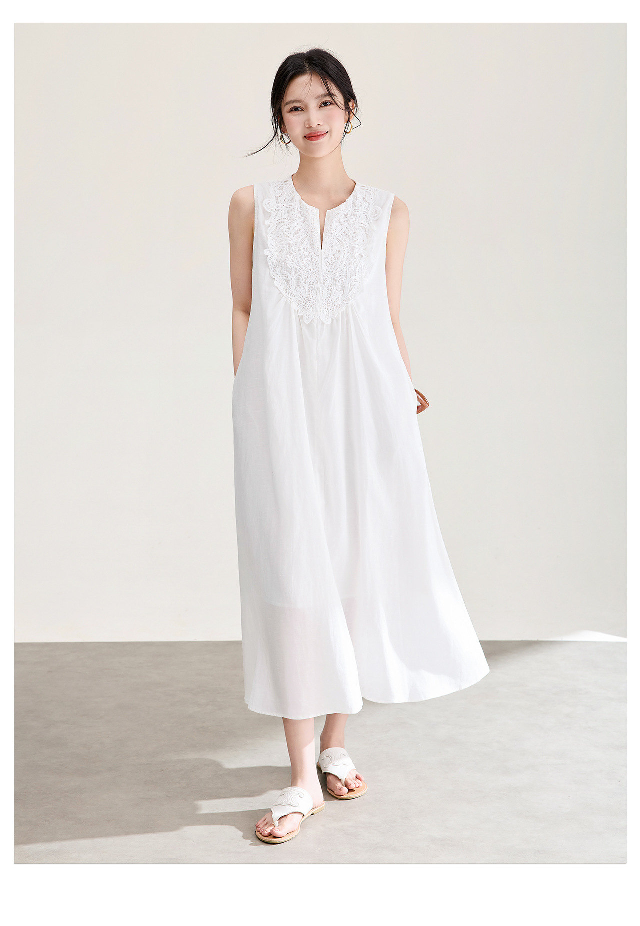 Đầm maxi nữ dáng suông không tay chất liệu tencel phối ren jacquard thêu họa tiết — màu trắng chi tiết 11