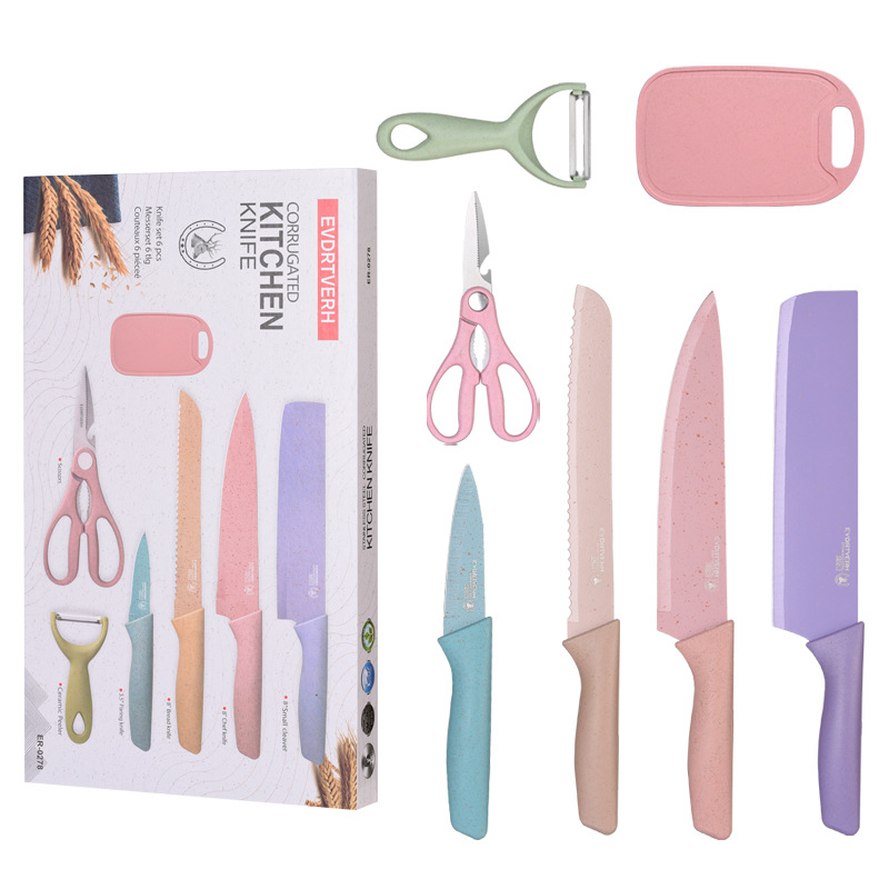 Macaron color traje de cuchillo de cocina de acero inoxidable cuchillo de cocina del hogar paja de trigo traje de cuchillo de chef de 7 piezas