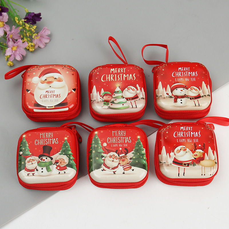 定制圣诞马口铁零钱包方形圣诞拉链包硬币钥匙耳机数据线收纳盒