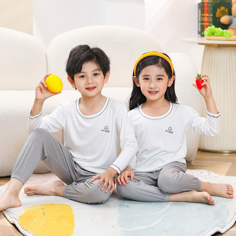 Children's Modal Long-sleeved Trousers Underwear Set Solid Color Monkey Printed Home Clothes Middle and Big Children's Home Two-piece Set