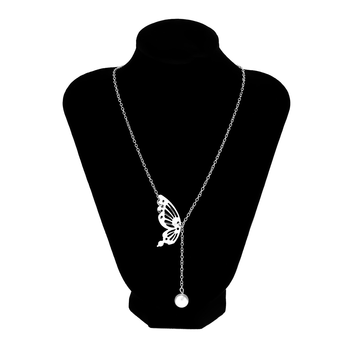 Elegant Butterfly Pearl Pendant Necklace With Back Chain Detail_voghion.com