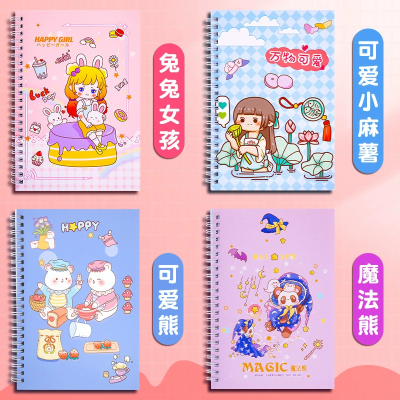 Double-Sided Spiral Notebook Set, 5 pcs A5, Thick Covers with Cute Sticker Sheets