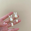 Silver needle, rabbit, amusing fashionable earrings from pearl, silver 925 sample, internet celebrity