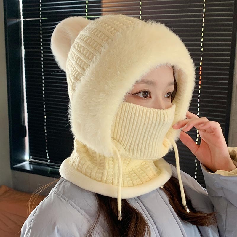 新款连体帽女冬季骑行加绒加厚遮脸护耳针织帽子围脖口罩保暖套件|undefined