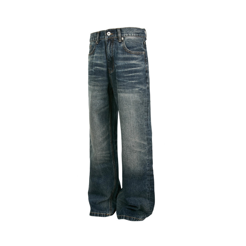 Eme King of Jeans Series Natural Whiskered Drape Jeans for Men and Women, Washed and Distressed, Loose Curved Wide-Leg Pants Eme King of Jeans Series Natural Whiskered Drape Jeans for Men and Women, Washed and Distressed, Loose Curved Wide-Leg Pants