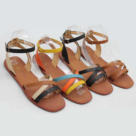 非洲批发女士夏时尚外穿新款凉拖鞋拼色罗马沙滩一字凉鞋子sandal