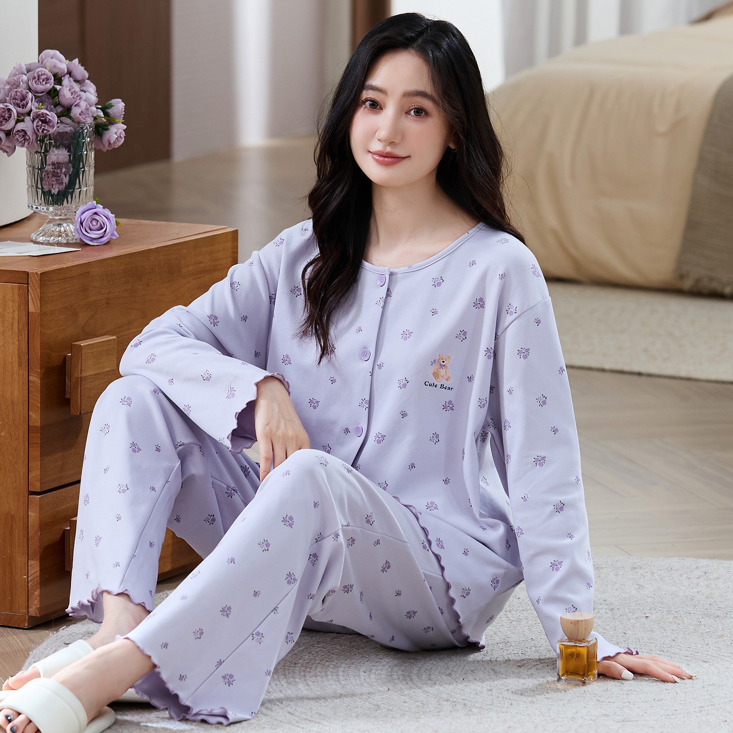 파자마 여성 춘추 모달 얇은 긴 소매 라운드 카디건 겉으로 입을 수 있는 여성 심플 캐주얼 가정복 세트