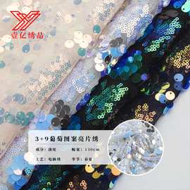 新款3+9葡萄图案亮片绣 时尚网纱底绣珠片舞台装礼服连衣裙面料