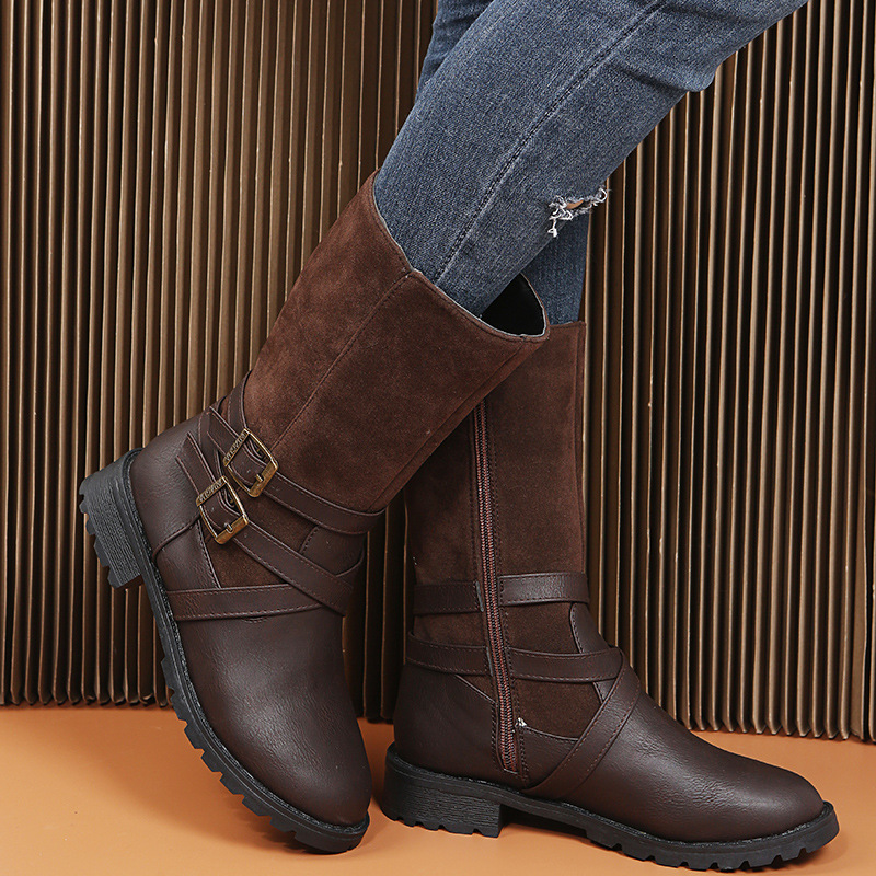Women's Shoes mid tube Martin boots belt buckle round head low heel knight boots side zipper leather boots_voghion.com