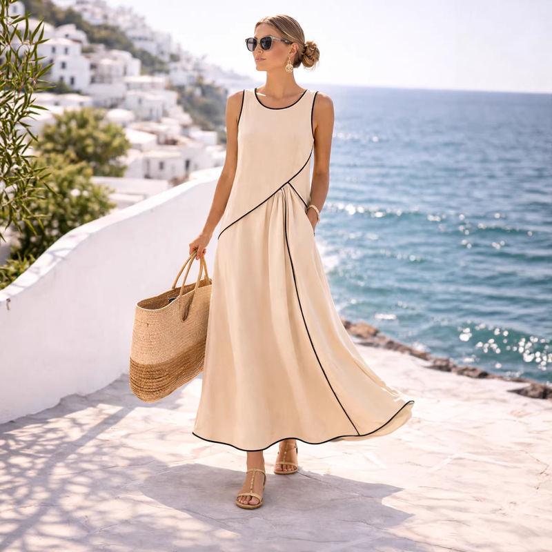 2026 New European and American Summer Women's Dress, Mediterranean Resort Style Dress, Women's Color-Blocking A-Line Dress 2026 New European and American Summer Women's Dress, Mediterranean Resort Style Dress, Women's Color-Blocking A-Line Dress
