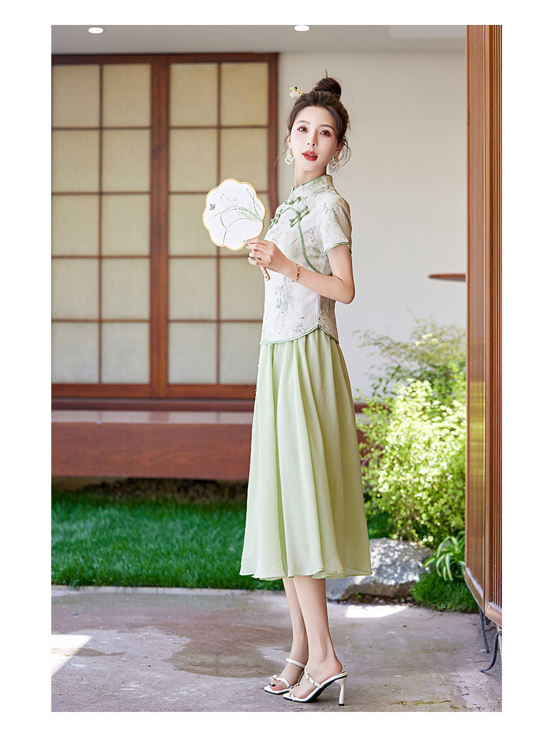 Bộ áo kiểu Trung Quốc mới và váy dài vừa phải hai mảnh mùa hè AH2438 — Màu hồng, Màu xanh lá chi tiết 17