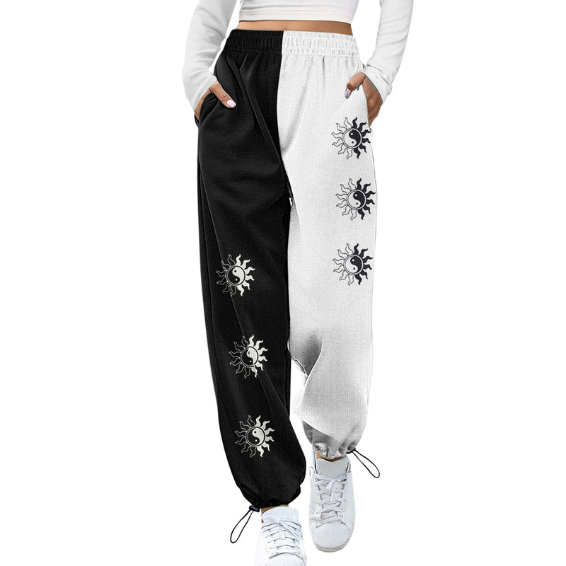 2022 Women's Casual Fashion Printed Adjustable Buckle Sports Pants with Pockets, High-Waisted Joggers, Wide-Leg European and American Style