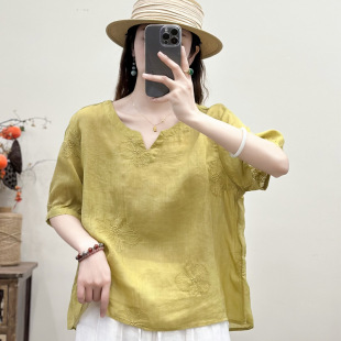 2025 Ramie Women's Top Women's High-end Fashion Western Style Age-reducing Mother Summer White Cotton and Linen Short-sleeved T-shirt