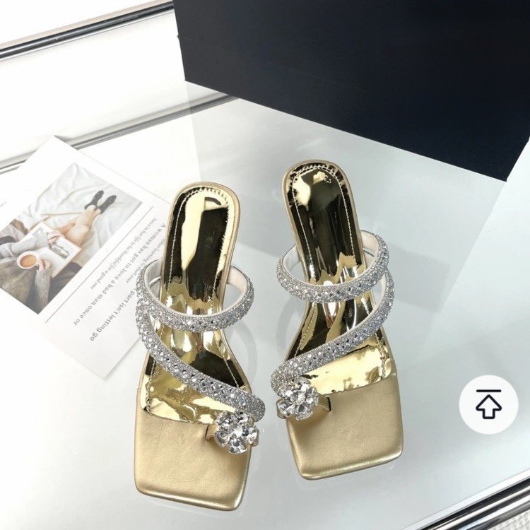 Beautiful~ Square-Toe One-Strap High-Heeled Rhinestone Thong-Toe Sandals for Women to Wear in Summer, Crystal Thick-Heeled High-Heeled Slippers