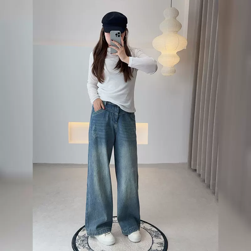 双天25年新款秋冬大码女装加绒牛仔裤设计感高腰阔腿牛仔裤YC356