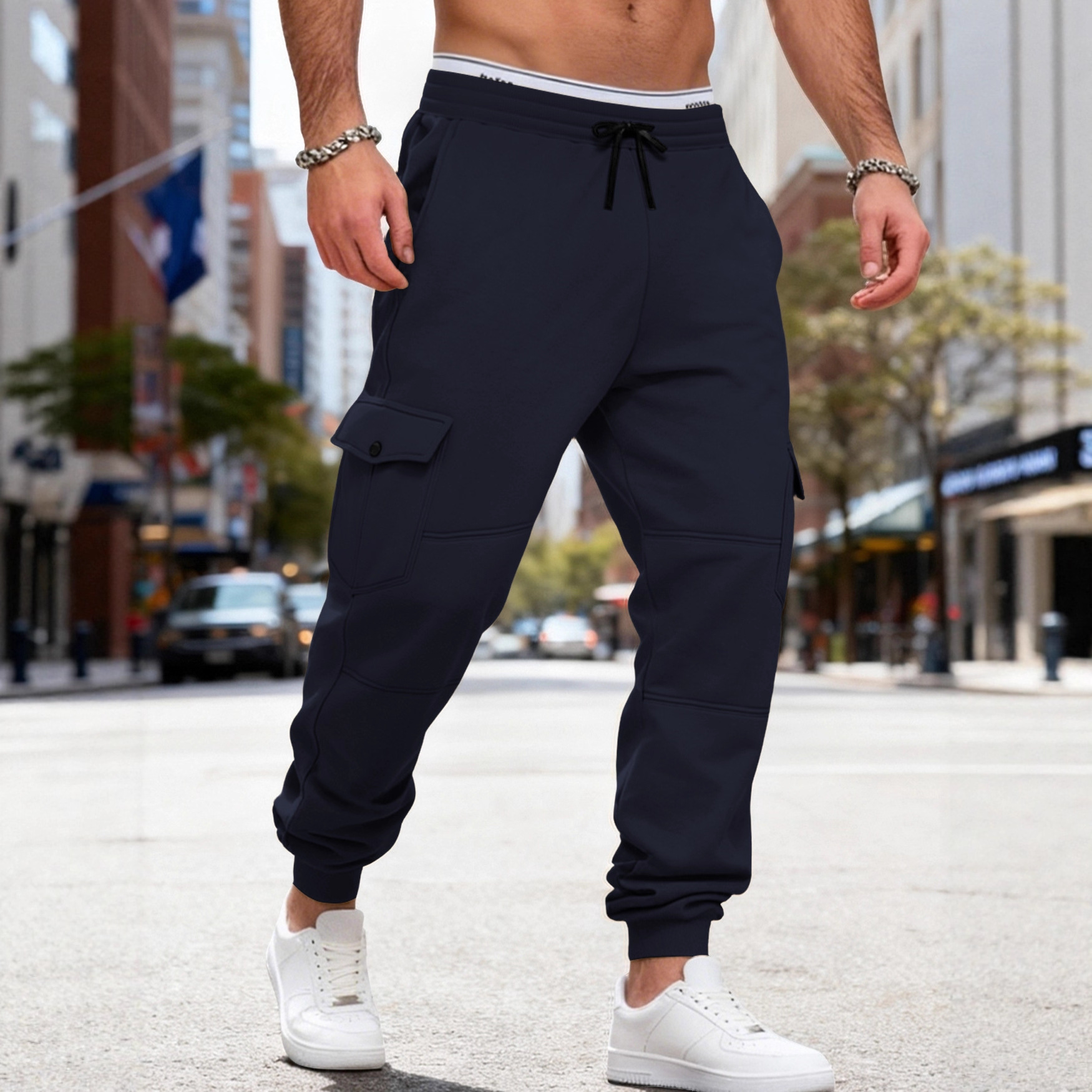 Transfronterizos Europa y América Amazon otoño y invierno más vello pesado pull cordón hombre deportivo relajado ocio multi-bolsillo pantalones de trabajo