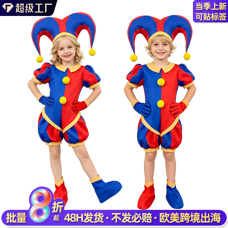 Cross-Border Magic Digital Circus Cosplay Costume for Children, Halloween Stage Performance Outfit, Pomni Clown Jumpsuit