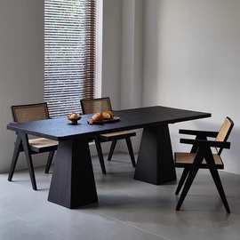 3r侘寂风创意实木餐桌现代橡木办公桌简约黑色工作台茶桌客厅长桌