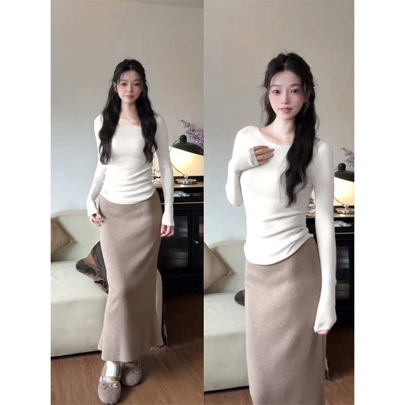 灰色修身长袖t恤女2025新款V领上衣秋冬内搭打底衫早秋天韩系穿搭|undefined