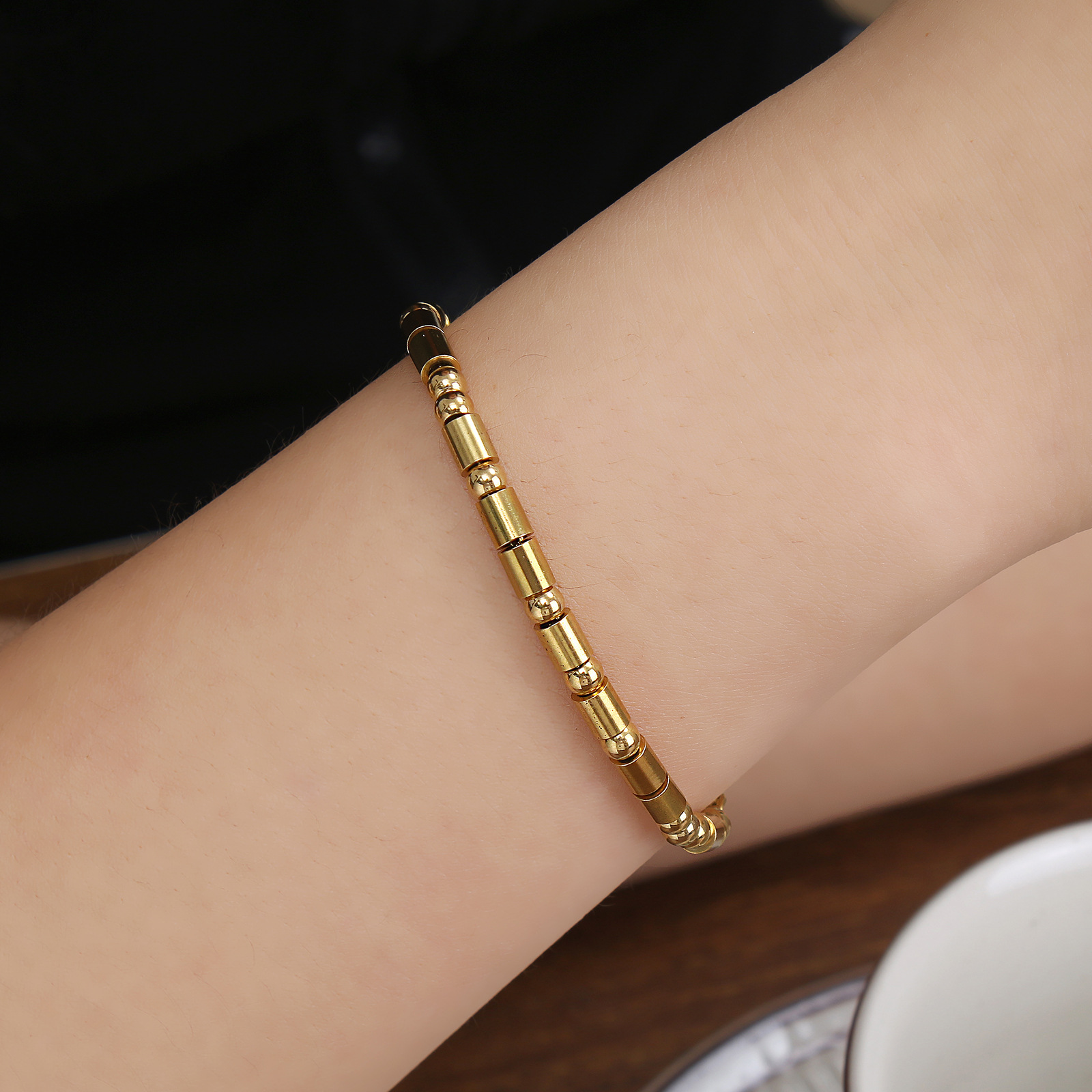 Morse Code Beaded Bracelet In Gold Stainless Steel For Women_voghion.com