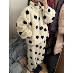 韩系少女波点高领珊瑚绒睡衣女冬季新款保暖开衫长裤家居服套装