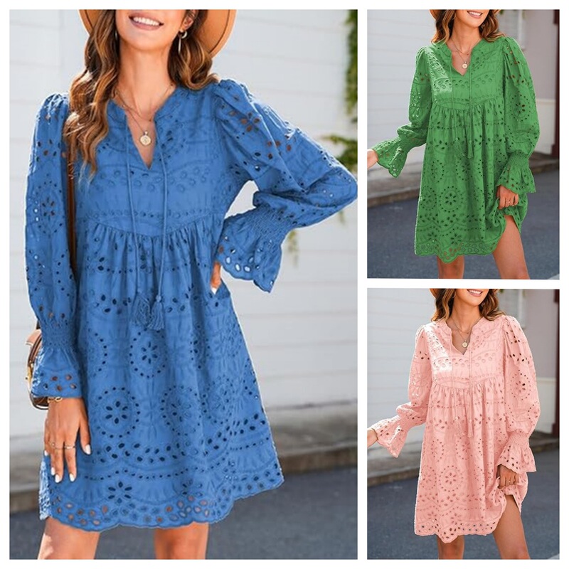 Women's 2024 Casual dress Tassel V-Neck Long Sleeve A- line Hollow Out Lace Pleated Party Gown