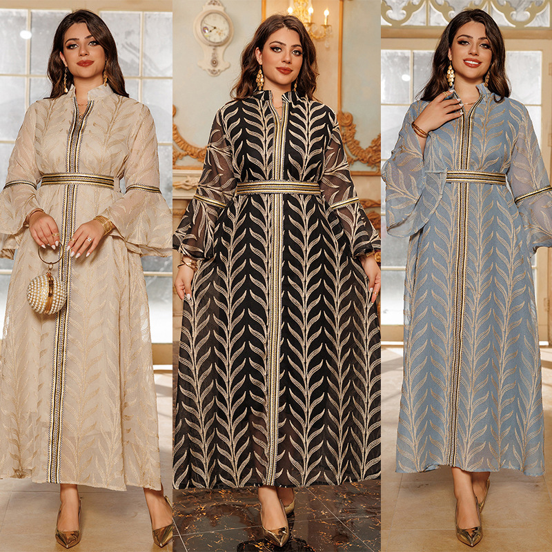 Ln401 Cross-Border Embroidered Bell-Sleeve Pullover European and American Elegant Long Dress Foreign Trade Women's Dress