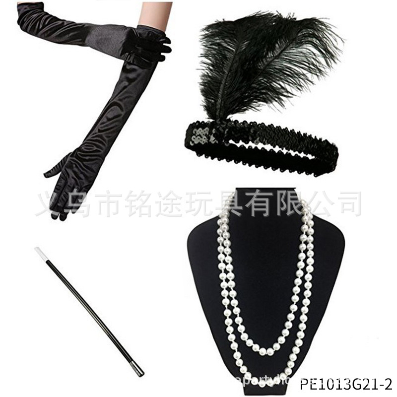 Vintage 1920s FLAPPER niña ropa diadema lana raya guantes de plástico falso tabaco varilla Gatsby traje