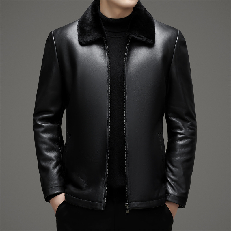 Brand Autumn and Winter Haining First-Layer Goatskin Leather Jacket for Middle-Aged Men Casual Lamb Fur All-In-One Jacket for Men